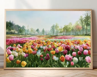 Watercolor-Style Tulip Field Print • Spring Flower Field Wall Art • Botanical Landscape Poster • Vibrant Pastel Nature & Floral Decor Gift