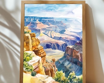 Grand Canyon Watercolor Print – Southwest Desert Wall Art, Mid-Century Travel Poster