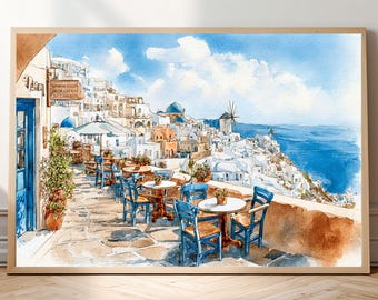 Santorini Watercolor Print – Mediterranean Café Terrace, Vintage Travel Wall Art