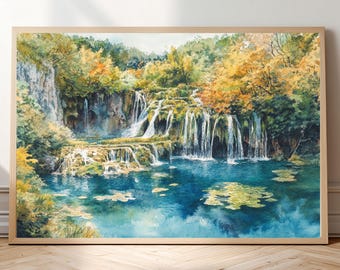 Croatia Plitvice Lakes Watercolor-Style Print • Waterfall & Forest Wall Art • Turquoise Lake Nature Poster • European Landscape