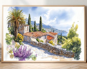 Watercolor-Style Art Print of Èze, France • French Riviera Wall Art • Hilltop Seaside Village Poster • Mediterranean Landscape, Architecture