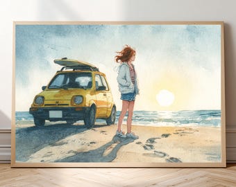 Vintage Yellow Car Surf Trip Print – Retro Beach Sunset Watercolor Wall Art