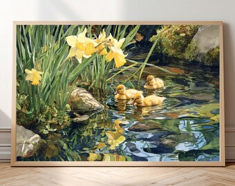Watercolor Ducklings Print – Daffodils, Pond Nature Wall Art (Digital Download)