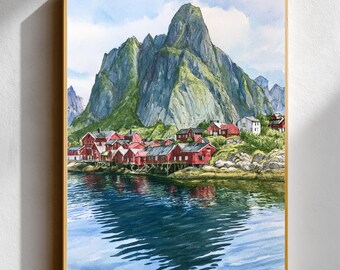 Watercolor-Style Print of Reine, Norway • Lofoten Islands Wall Art • Red Fisherman's Cabin Poster • Nordic Fjord Landscape & Travel Gift
