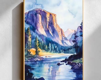 Yosemite Valley View Watercolor Print – El Capitan Landscape Wall Art (Digital Download)