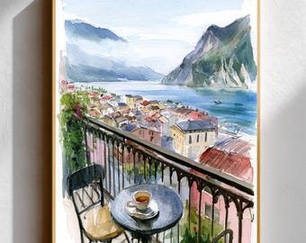Watercolor-Style Print of Riva del Garda, Italy • Balcony View Art Overlooking Lake Garda • Italian Lakeside Town Poster • Mountain