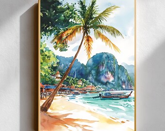 Phi Phi Islands Watercolor Print – Thailand Beach Longtail Boat Coastal Landscape Decor
