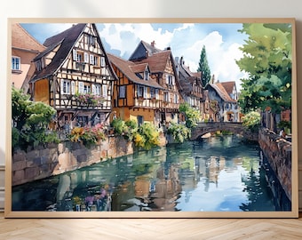 Colmar, France: Watercolor-Style Print • Alsace Canal Wall Art • "Little Venice" Half-Timbered House Poster • French Village Scenery
