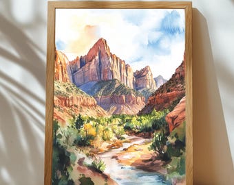 Zion National Park Watercolor Print – Utah Desert Canyon Landscape (Digital Download)