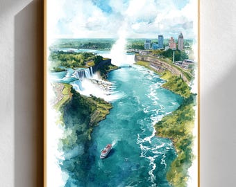 Lámina de acuarela de las Cataratas del Niágara • Arte mural de las Cataratas Horseshoe (Estados Unidos) • Póster de paisaje de Nueva York, Canadá • Regalo de decoración de naturaleza para paseos en barco por el río