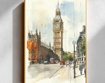 Big Ben Watercolor Sketch – London Architecture Print, British Street Art (Digital Download)