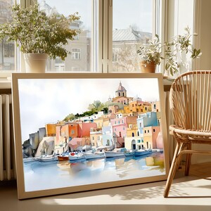 Procida Italy Watercolor Art Print - Colorful Mediterranean Coastal Painting - Marina Corricella Wall Decor - Italian Island Landmark Gift