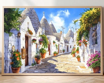 Watercolor-style print of Alberobello, Italy • Trulli (traditional house) wall art • Poster of a Puglian village landscape •  architecture