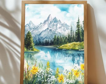 Grand Teton National Park Watercolor Print – Alpine Lake, Wildflowers, Vintage Travel Poster