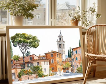 Tuscan Village Watercolor Print – Italian Street Wall Art (Digital Download)