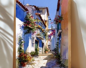 Cascais Portugal Watercolor Print – Pastel Alley, Bougainvillea Flower Wall Art