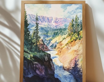 Yellowstone Grand Geyser Watercolor Print – Vintage Wyoming Thermal Terrace Wall Art