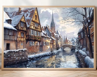 Winter in Colmar, France: Watercolor-Style Art Print • Snowy Canal Scene (Alsace Region) • "Little Venice" Poster • Christmas Home Decor