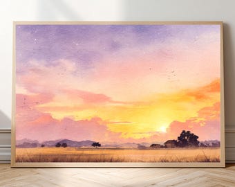 Pastel Sunset Watercolor Print – Dreamy Countryside Meadow Wall Art Poster