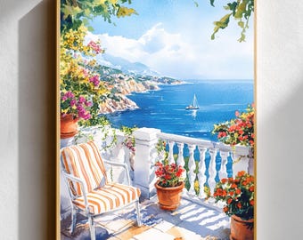 Lámina artística para balcón de la Costa Amalfitana (estilo acuarela) — Vistas mediterráneas, Riviera italiana, decoración veraniega junto al mar.