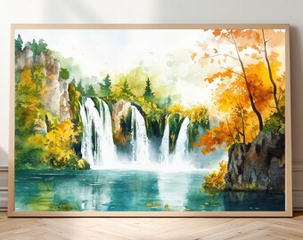 Plitvice Lakes, Croatia – Watercolor-Style Print • Waterfall & Forest Wall Art • Turquoise Lake  Nature Poster • European Landscape /  Gift