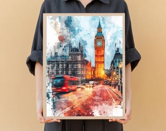 Big Ben London Watercolor Print – Red Bus, Houses of Parliament Wall Art (Digital Download)