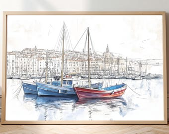 Marseille Watercolor Print – French Fishing Boats, Old Port Wall Art (Digital Download)