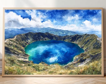 Irazu Volcano Watercolor Print – Emerald Crater Lake Wall Art (Digital Download)