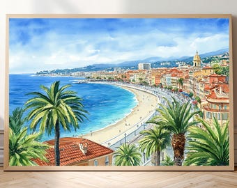 Watercolor-Style Art Print of Nice, France • Promenade des Anglais Wall Art • French Riviera (Côte d'Azur) Poster • Mediterranean Beach