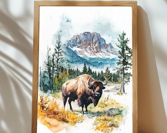Yellowstone Bison Watercolor Print – Mountain Wildlife Wall Art (Digital Download)
