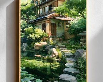 Kyoto Tea House Watercolor-Style Print • Japanese Garden Wall Art • Traditional Machiya & Landscape Poster • Zen-Inspired Nature  Pond Decor