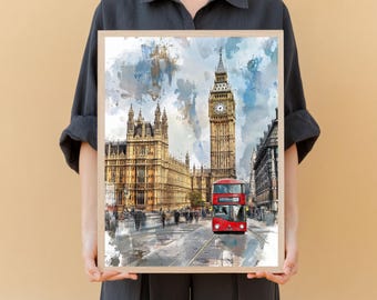 Big Ben London Watercolor Print – Red Bus, Parliament Wall Art (Digital Download)