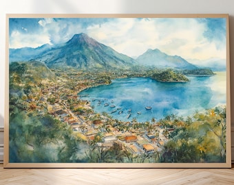 Lake Atitlán, Guatemala: Watercolor-Style Print • San Pedro Volcano Aerial View Wall Art • Central America Landscape Poster • Travel Gift