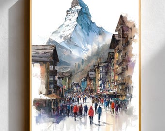 Matterhorn Switzerland Watercolor Print • Zermatt Alpine Village Wall Art • Swiss Mountain Landscape Poster • Winter Travel Decor Gift