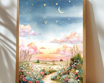 Watercolor Meadow Sunset Print – Golden Hour Landscape Wall Art (Digital Download)