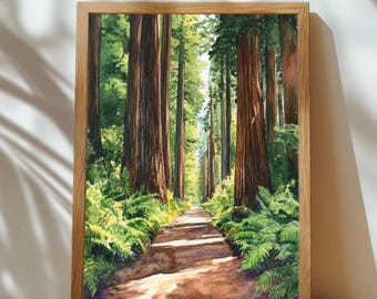 Redwood National Park Watercolor Print – Forest Trail Nature Wall Art (Digital Download)