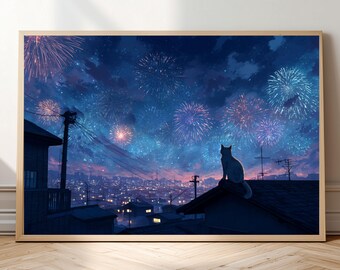Cat on Rooftop Fireworks Print - Anime Night Sky Wall Art - Cozy City Skyline Watercolor Poster - Summer Festival Fantasy Decor