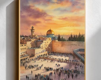 Lámina de acuarela del Muro de las Lamentaciones de Jerusalén • Arte mural del Kotel de Israel • Póster de la puesta de sol en la Cúpula de la Roca • Regalo de decoración para viajes a Tierra Santa