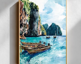 Phi Phi Islands Watercolor Print – Thailand Longtail Boat Travel Poster (Digital Download)