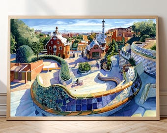 Lámina estilo acuarela del Parque Güell de Barcelona • Arte mural de la arquitectura de Gaudí • Póster de paisaje urbano español y mosaico • Decoración de monumentos europeos