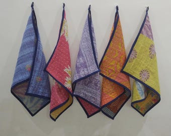 Kantha Kitchen Towel Set - Handmade Vintage Cotton Tea Towels, Upcycled Set of 5