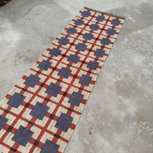 May include: A rectangular runner rug with a geometric pattern. The rug features a beige background with a grid of red lines and blue squares. Black lines intersect the red lines. The rug has a fringed edge.