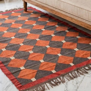 Handmade Diamond Kilim Stair Runner - Terracotta Orange & Chocolate Brown Wool Rug - Red Border - Hallway Living Room Bedroom Runner