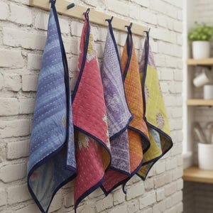 Juego de toallas de cocina Kantha: paños de cocina de algodón vintage hechos a mano, juego de 5 reciclados