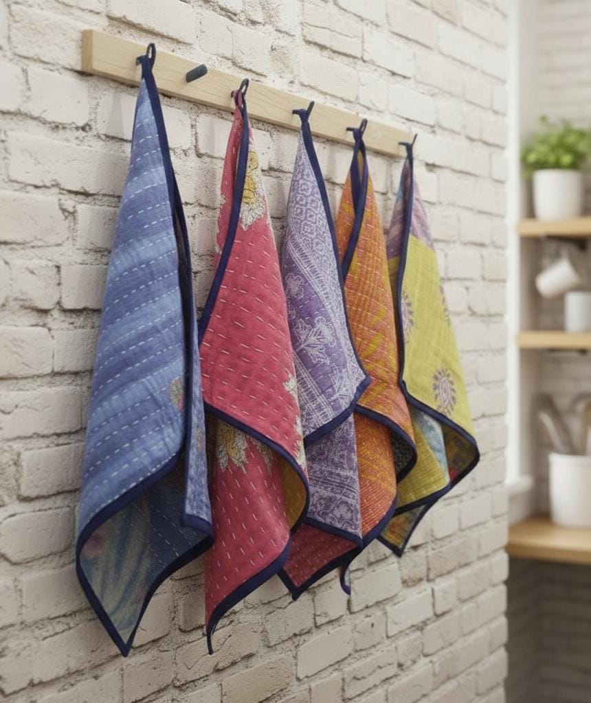Essuie-tout Vintage Fait Main - Bleu Et Marron à Motifs - Lot De Serviettes En Coton