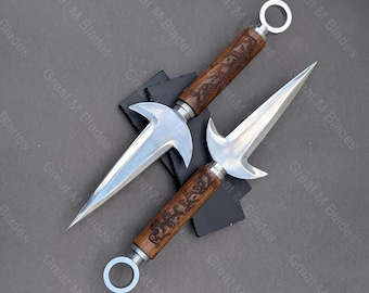 Juego de 2 réplicas de cuchillos Kunai de acero inoxidable hechos a mano, réplicas de accesorios para cosplay de ninja, cuchillos arrojadizos de colección, regalo único para él/ella.