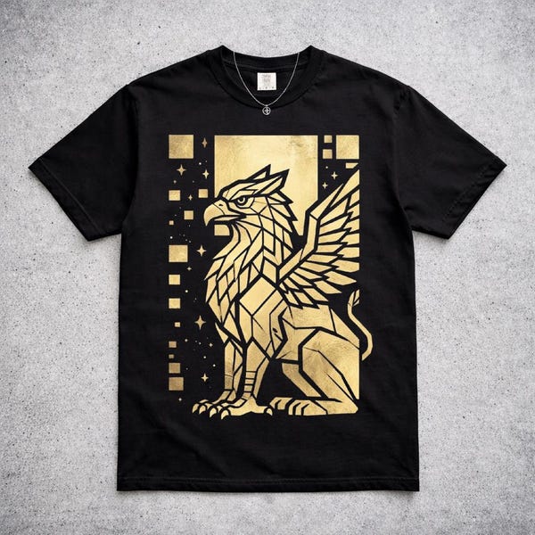 Geometric Griffin Shirt, Gold Mythical Creature T Shirt, Fantasy Graphic Tee, Gothic Griffin Art Winged Lion Eagle Shirt, Unisex Gift