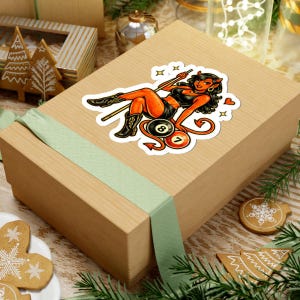 Devil Girl Sticker, Retro Pin Up Demon Billiards Decal, Tattoo Flash Laptop Water Bottle Skateboard Sticker