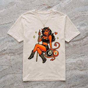 Devil Pool Player Shirt, Tattoo Flash Devil Girl Billiards Top, Pin Up Devil Pool Tee, Vintage Tattoo Style Pool Hall Shirt, Billiards Gift