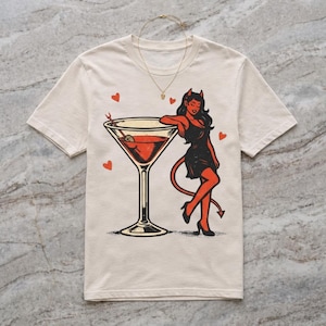 Devil Girl Martini Shirt, Retro Cocktail Devil Tee, Vintage Tattoo Style Devil Woman Shirt, Funny Happy Hour Shirt, Gothic Bar Shirt